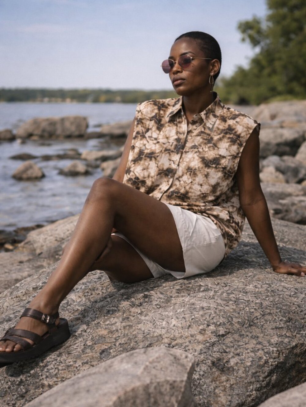 Samsoe Samsoe Oversized Sleeveless Shirt Brown Camo Cotton
